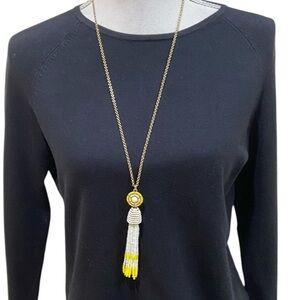 Talbots goldtone chain long necklace white/yellow seed bead circle & tassel
